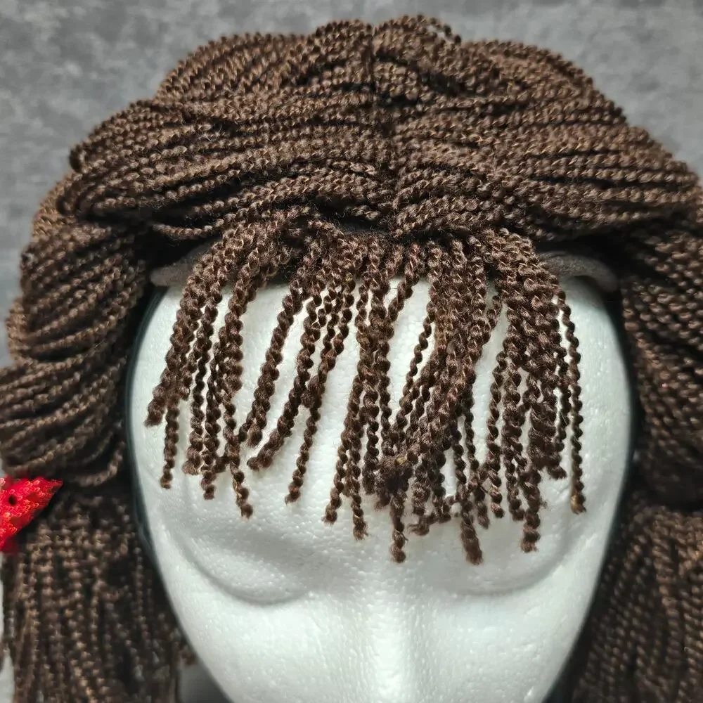 Brown Yarn Braided Hair In Pigtails with Red Bow Adjustable Strap Costume Wig